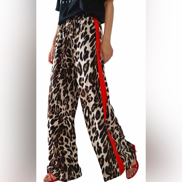 None Pants - 🆕Drawstring Leopard Print Color Block Side Striped Straight Leg Wide